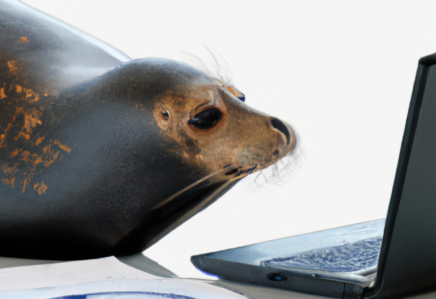 a seal looking at a computer screen